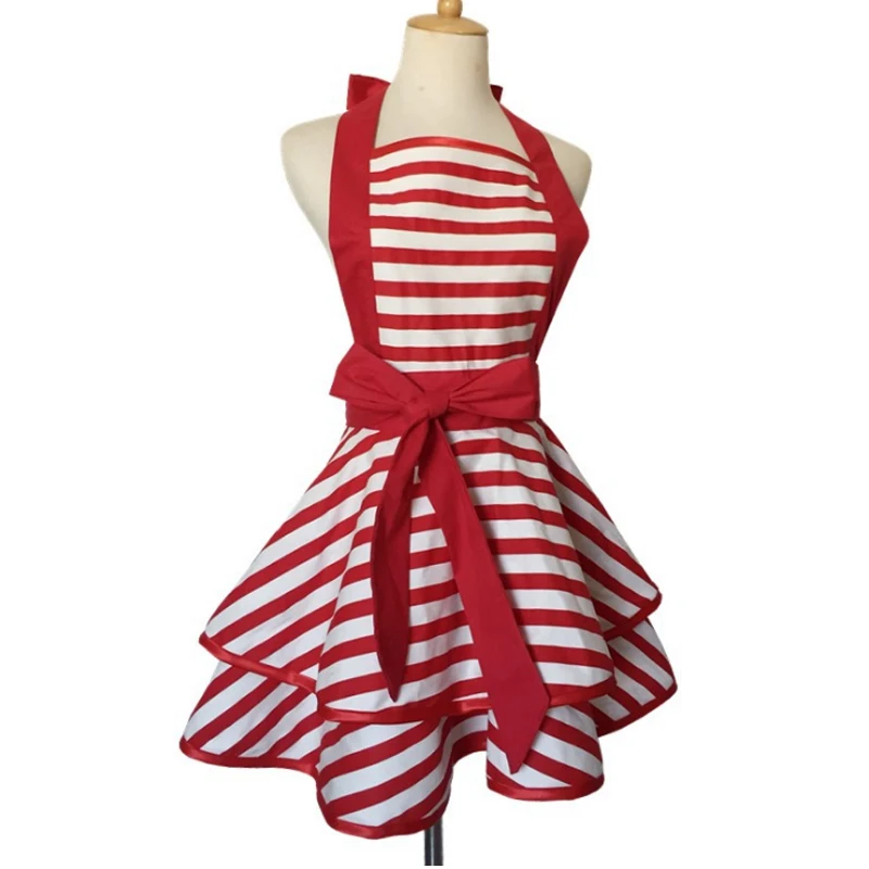 

1pcs Apron Red And White Striped Simple Double Layer Cotton Fabric Skirt Home Kitchen Cooking Aprons For Woman Adult Bibs