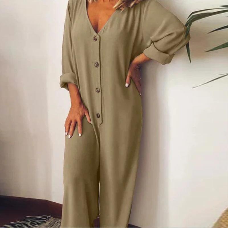 

Women Fashion Jumpsuit casual Romper V-Neck Button Solid Color Long-Sleeved Loose spring autumn big size ladies home overalls