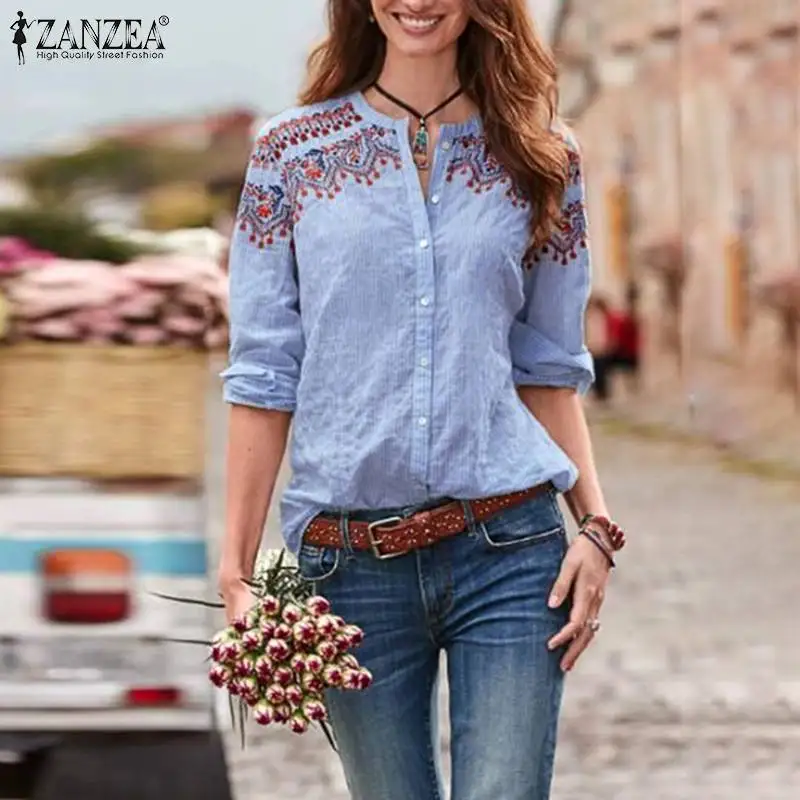 

Elegant Printed Tops Women's Striped Blouse ZANZEA 2019 Autumn Long Sleeve Shirts Female Button Down Blusas Plus Size Tunic 5XL