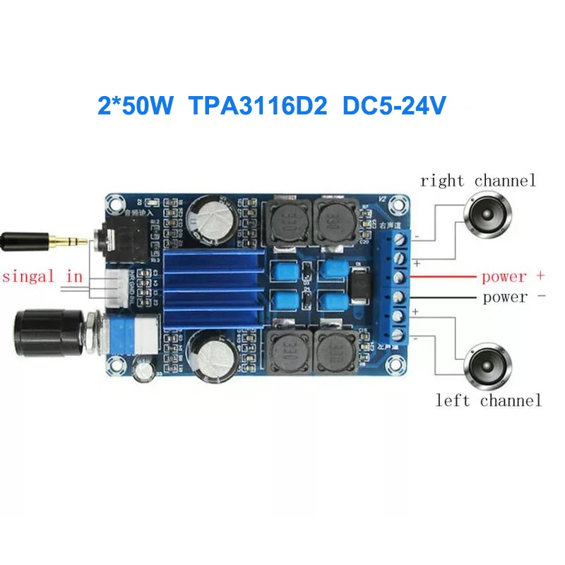 

2*50W TPA3116D2 Stereo High Power Digital Amplifier Board Class D Dual Channels Tpa3116 Audio Amp DC5-24V