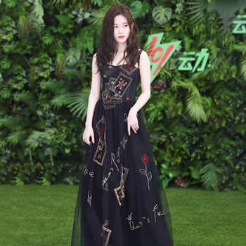 

Floral Embroidery Party Dress Women Mesh Spaghetti Strap Long Maxi Dress Plus Size Black Sequins Summer Beach Dress Runway A475