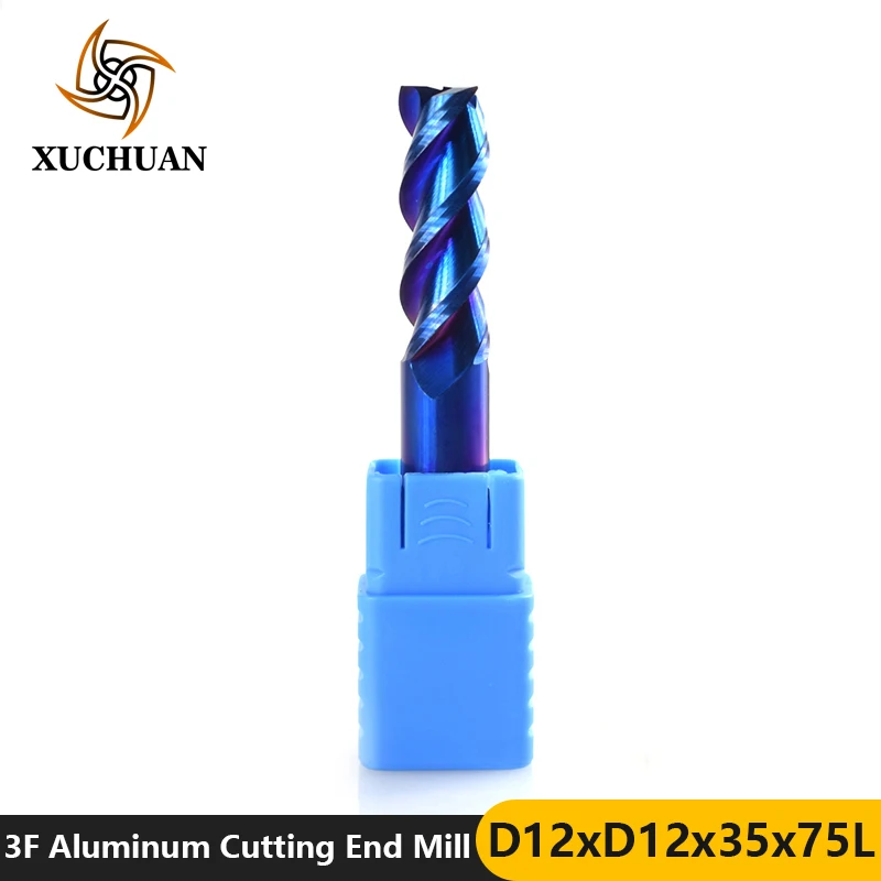

1pc Diameter 12mm 3 Flutes Aluminum Cutting Spiral Milling Cutter Nano Blue Coated CNC Router Bit Tungsten Carbide CNC End Mill