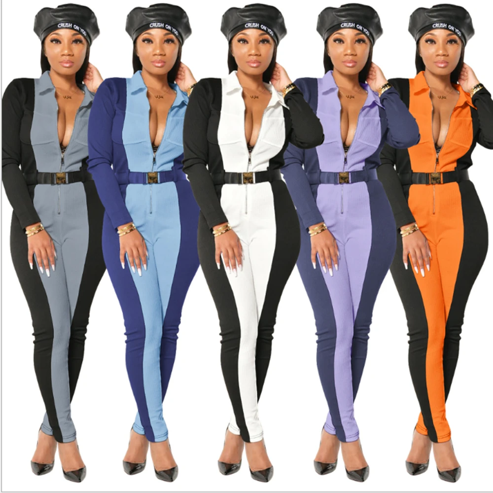 

JRRY Casual Women Ribbed Jumpsuits Long Sleeve Turn Down Collar Zippers Rib Bodysuit Print Raised Lines Pattern Outdoor Wear