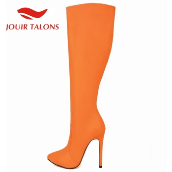 

JOUIR TALONS Hot Sale High Fashion winter Short Plush High Thin Heels 14 cm Solid Knee High Elegant Platform Boots