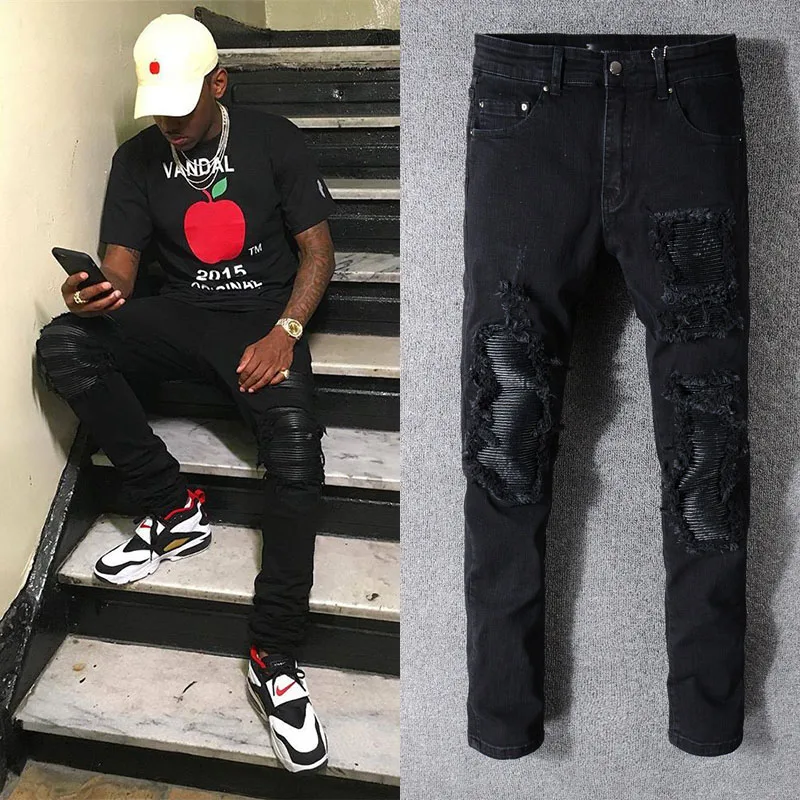

New High Street Fashion Brand Jeans Men's Punk Black Irregular Hole Beggar Pants Men's Patch Stretch Slim Fit Jeans Moto Jeans