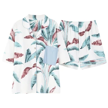 

Hawaiian style short sleeve casual tracksuit summer full pure cotton women pajamas set plus size M-XXXL shorts pijamas mujer