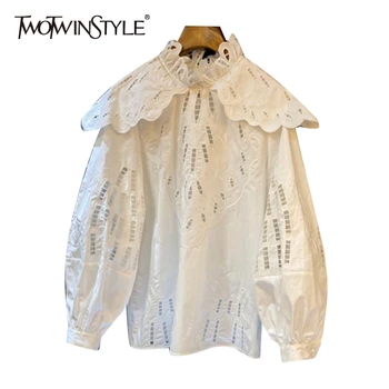

TWOTWINSTYLE Patchwork Hollow Out Women's Shirts Stand Collar Lantern Long Sleeve Casual Shirt Female 2020 Autumn Fashion New