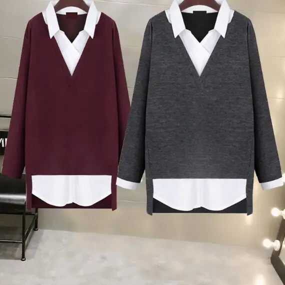 Blusas Mujer, новинка, осенне-зимняя женская блузка, Лолита, имитация двух частей, трикотажная рубашка, женские топы, Blusas, большие размеры, XL-5XL, AH339