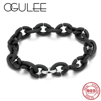 

Black Hard Rubber Chain Bracelets For Man Women Silver Color Charm Beads Femme Simple Jewelry