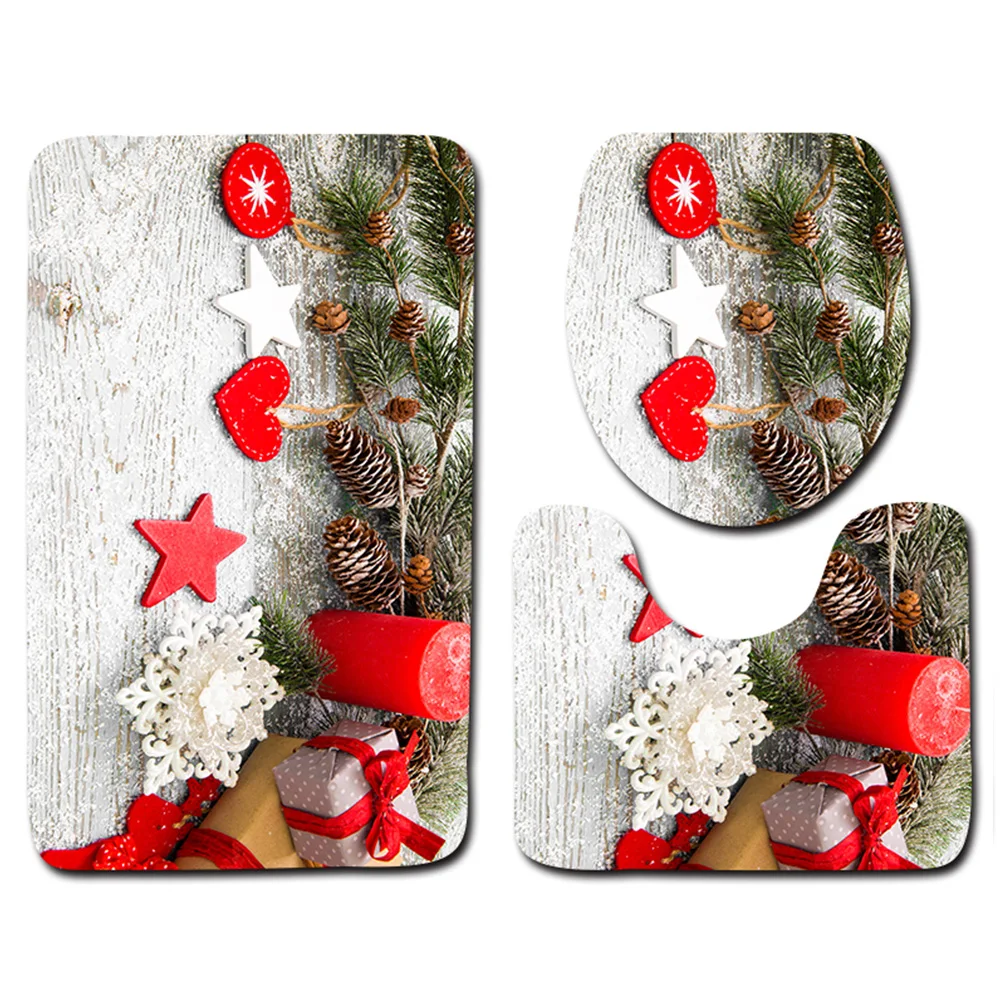 

3PCs Christmas Elk Snow Scene Bathroom Toilet Mat Cloth Pattern Floor Rug Toilet Seat Cover Bath For Home Christmas Decorative