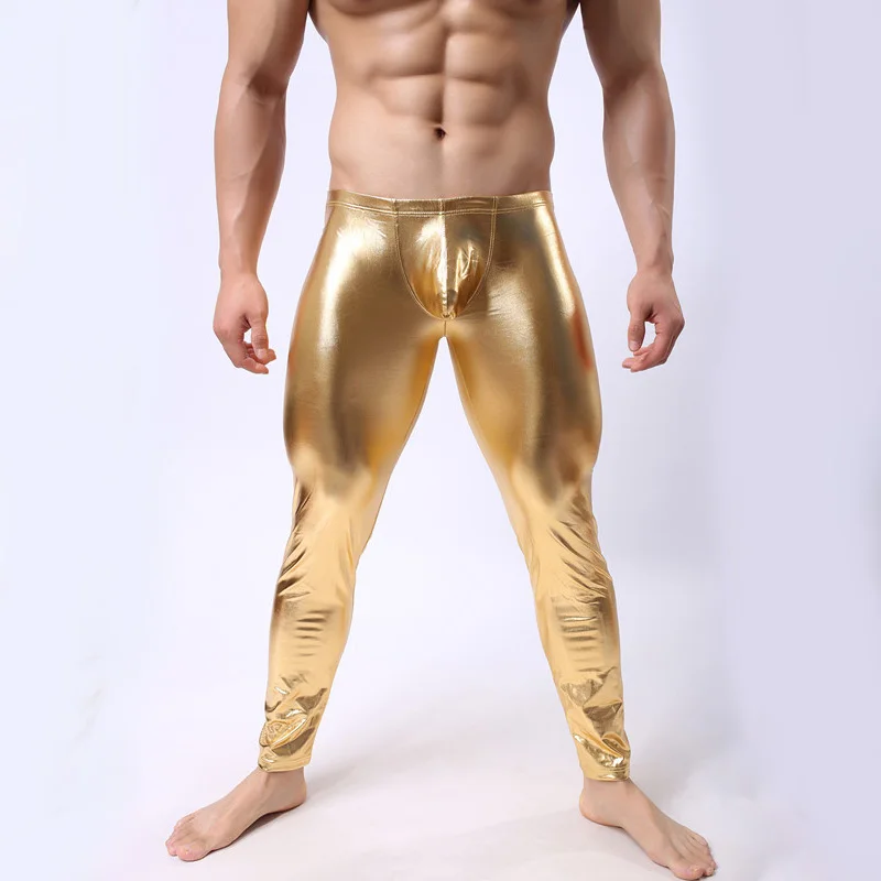 Мужская лакированная кожа выпуклость мешок длинные брюки нижнее белье одежда