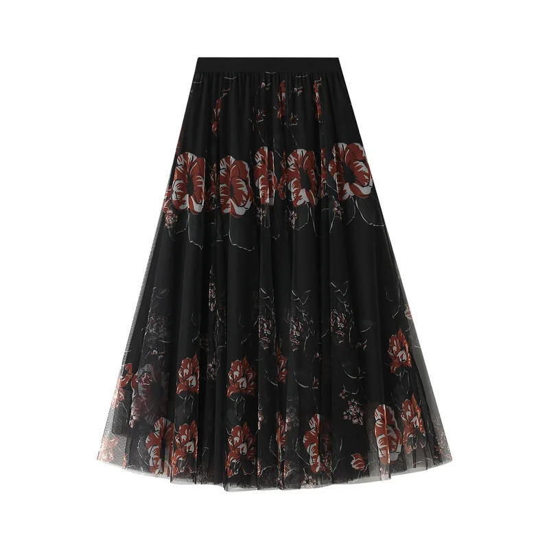Korean Style Floral Print Spring Long Skirts for Women VD1711 High Waist Black Party Mesh Tulle Skirt jupe | Женская одежда