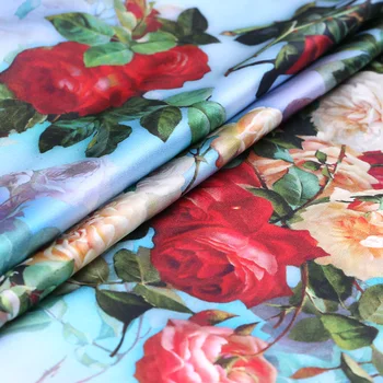 

108CM Wide 19MM 93% Silk & 7% Spandex Rose Print Stretch Light Blue Silk Satin Fabric for Dress Cheongsam Shirt Jacket B234