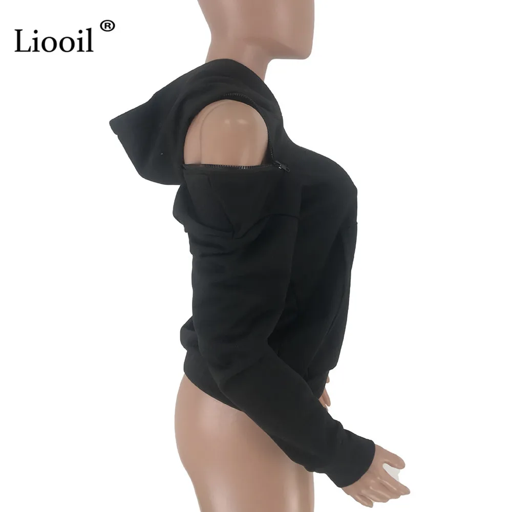Liooil, сексуальный черный, белый пуловер с капюшоном, женская одежда,, Осень-зима, длинный рукав, карманы, на молнии, Женская толстовка