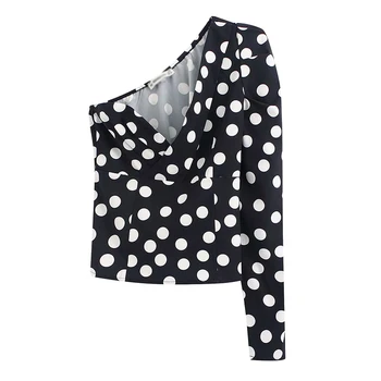 

Women Polka Dots Print Black Blouse Single Shoulder Zipper Design Long Sleeve Chic Silm Tops FFZSY542