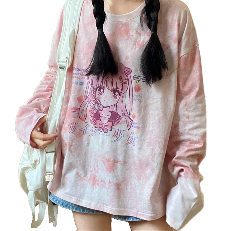 Harajuku футболка с длинными рукавами и принтом в стиле аниме Kawaii Свободный Топ панк
