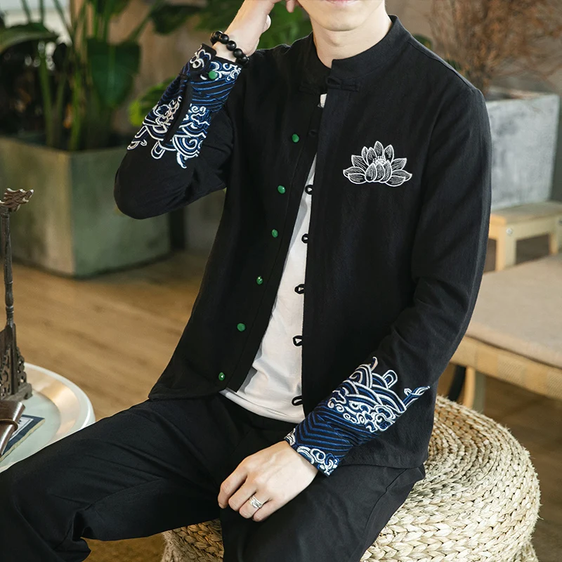 Мужские s Slim Fit в китайском стиле высокого качества хлопковые мужские льняные рубашки Повседневная Вышивка костюм Тан Кунг фу костюм Homme