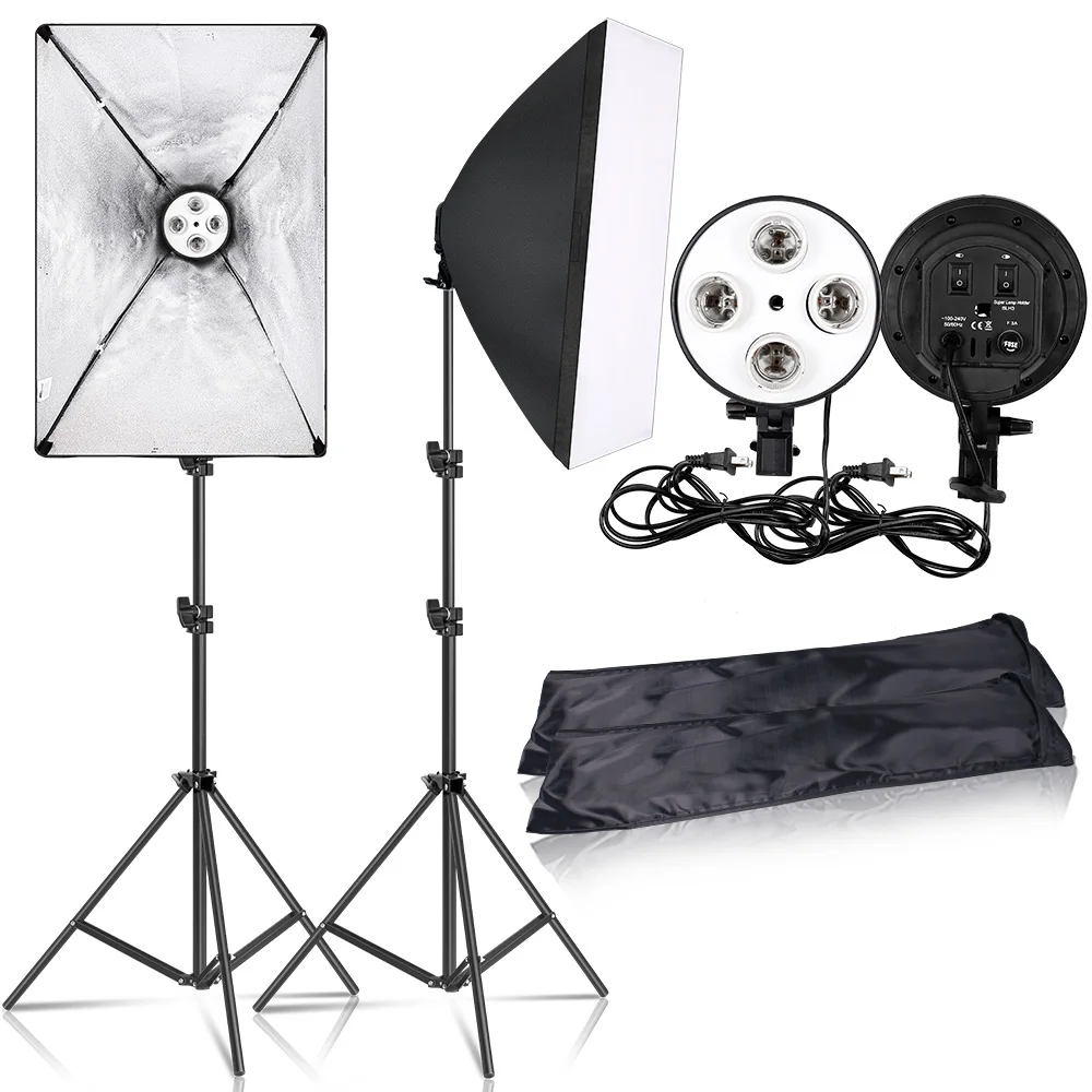Treppiede Softbox 4 Portalampada Light Box White Kit Photography Flash 50X70Cm E27 Base Camera Feflector Photo Video Shooting