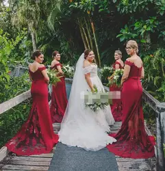 Red African Mermaid Bridesmaid Dresses Off Shoulder  Sweep Train Buttons Lace Appliques  Maid Of Honor Dress Custom Made