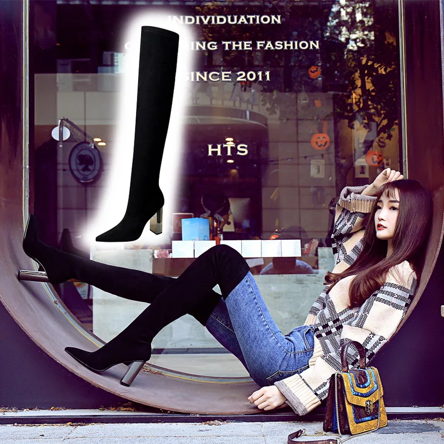 

womens boots botas mujer invierno knee high boots Metal high heel 10cm suede Pointed Over-the-Knee Flock Square heel 3128-6
