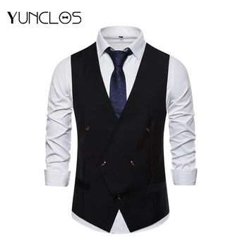

YUNCLOS Front Solid Color Back Stripe V-neck Casual Men's Vest Single-breasted Business Black Men's Vest Slim S-2XL Vest
