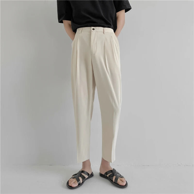 Men dress pants: summer fashion men's pants elastic waist ankle length casual suit pant Korean style regular fit solid luxury trousers beige blue