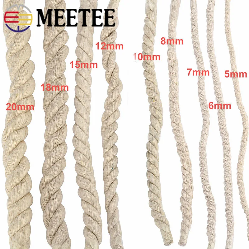 Meetee 5-20mm 3 Shares Twisted 100% Cotton Cords for Bag Decoration Rope DIY Home Textile Tied Ropes Sewing Accessories KY338