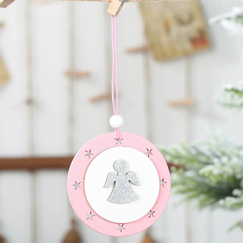 Pink wooden five-pointed Star Angel Elk Christmas Tree Pendants Hanging ornament Christmas decorations for home navidad