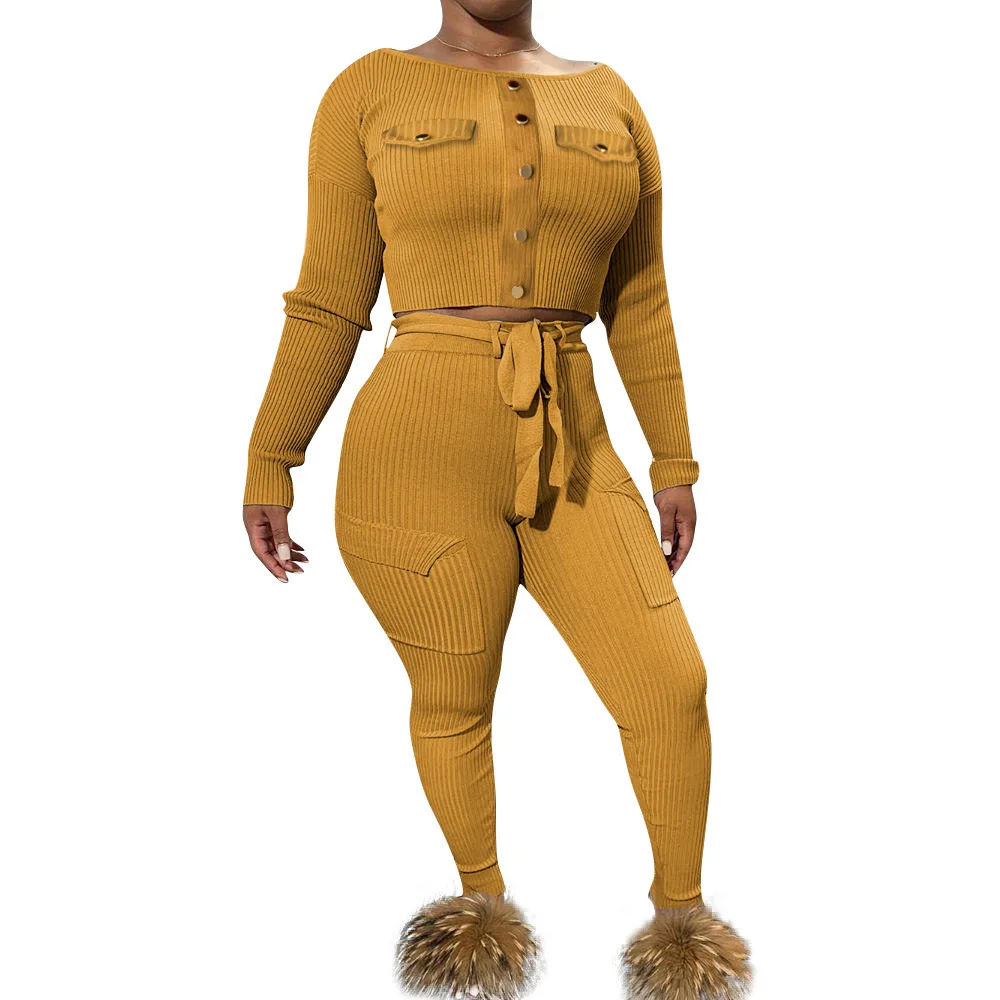 

Echoine Autumn Women Knitted Rib Sexy 2 Piece Set Crop Top and Pencil Pants Matching Sets Outfit Bodycon Slim Club Tracksuit