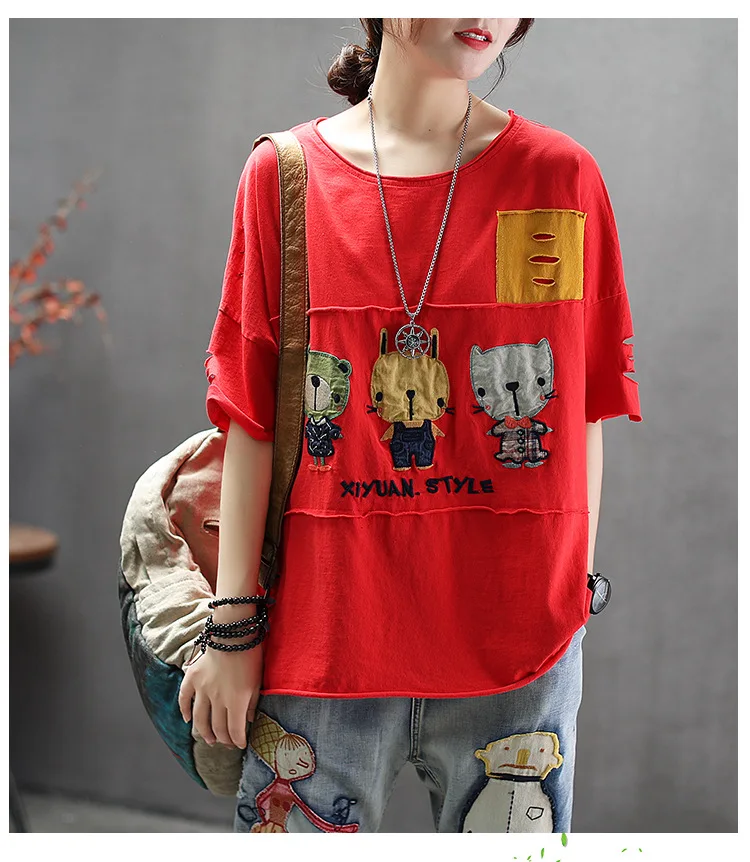 new literary cotton cartoon patch T-shirt loose o-neck hole short-sleeved women's tee top mori girl