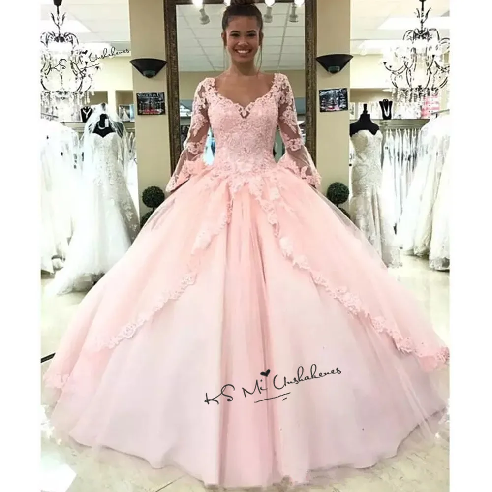 Vestidos de encaje de manga larga, quinceañera baratos, Para baile de 15 años, rosa, 2020|dresses 15|2 quinceanera dressessweet 16 dresses -