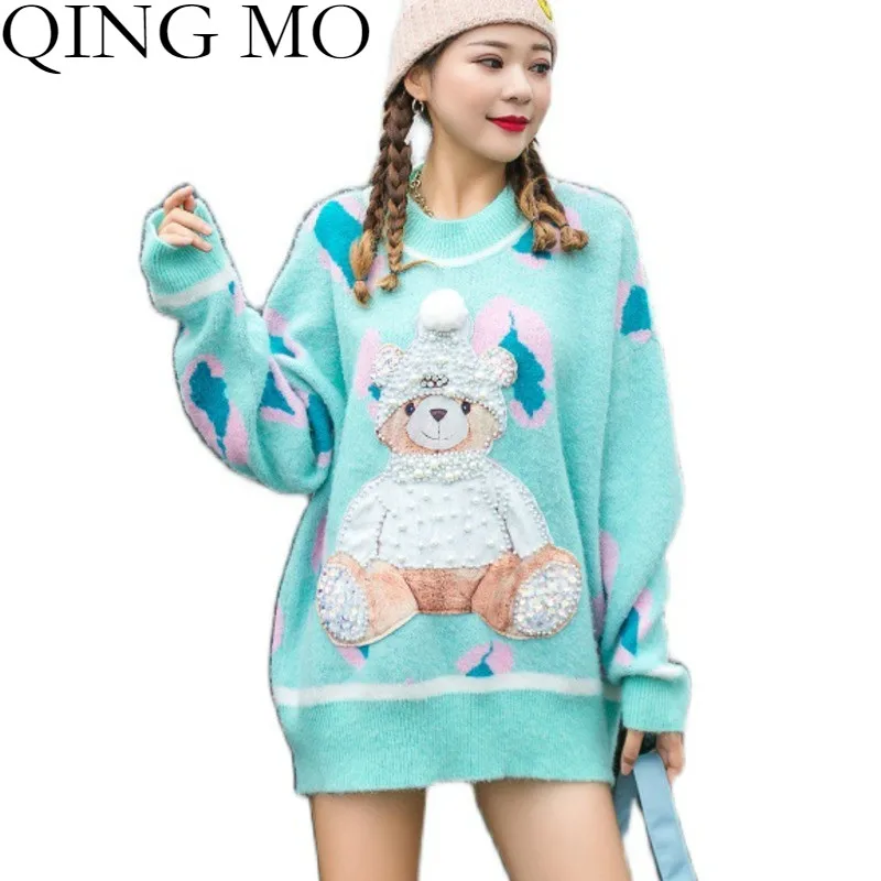 QING MO Red Green Cartoon Print Sweater Women 2020 Fall Winter Beading Decoration Pullover Knitted Coat Casual QYF163A | Женская одежда