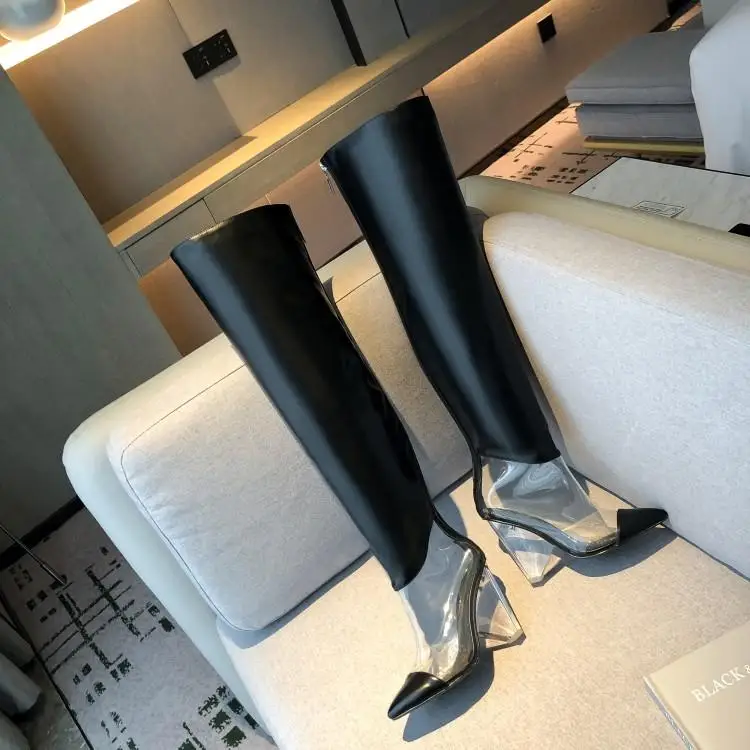 Runway Thigh High Boots Women Winter Patchwork Transparent PVC Leather Upper Zapatos De Mujer Clear Wedges Heels Shoes Woman
