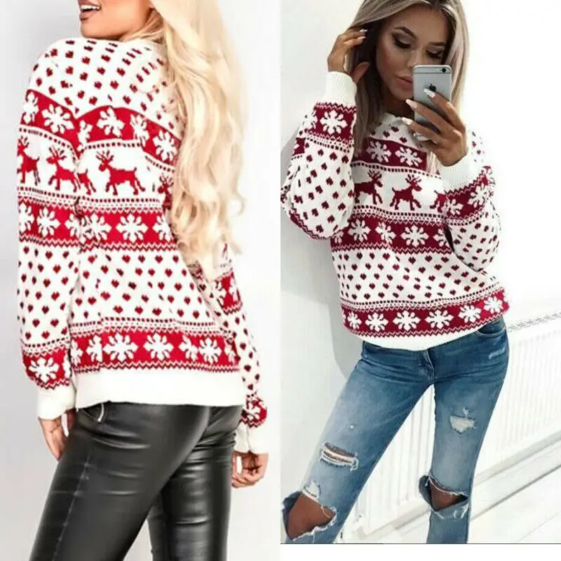 Autumn Winter Women's Christmas Xmas Deer Snow Flower Printed Pullover Sweatshirt Long Sleeve O Neck Jumper Tops