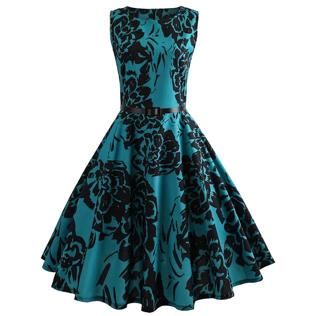 Floral Print Women Summer Dress Hepburn 50s 60s Retro Swing Vintage Dress A-Line Party Dresses With Belt jurken Plus Size 4