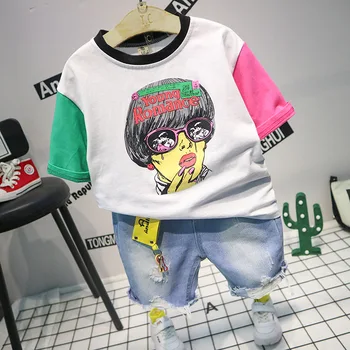 

2PCS WLG Boys Summer Outfits Kids Patchwork Cartoon T Shirt and Deni Short Set Baby Boy Fashion Clothes for 2-6 Years