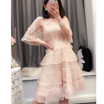 

WOMENGAGA 2020 Summer New Palace Temperament Lace Short Sleeve Dress High Waist A-line Single-braested Fashion Female B493