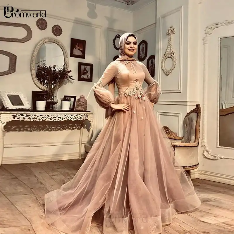 Muslim Evening Dresses 2020 Long Sleeves Hijab Grey Arabic Prom Dress In Dubai Appliques Beaded Women Formal Wedding Party Gowns Aliexpress
