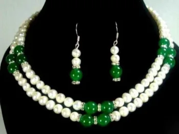 

new Style Hot sale*2 color- 2 row 7-8mm white pearl & green/red stone necklace earring set Fashion Wedding Party Jewellery