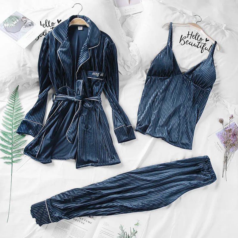 Золотые бархатные женские пижамные комплекты из 3 предметов однотонные