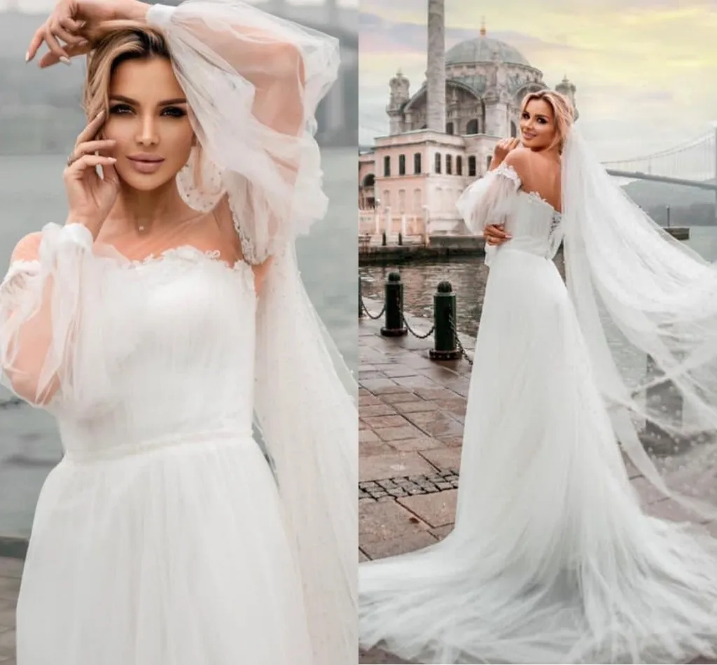 

Long Sleeve Wedding Dress Off Shoulder A-line Sweep Train Puff Sleeve Sweetheart Robe De Mariee White Lady Backless Graceful