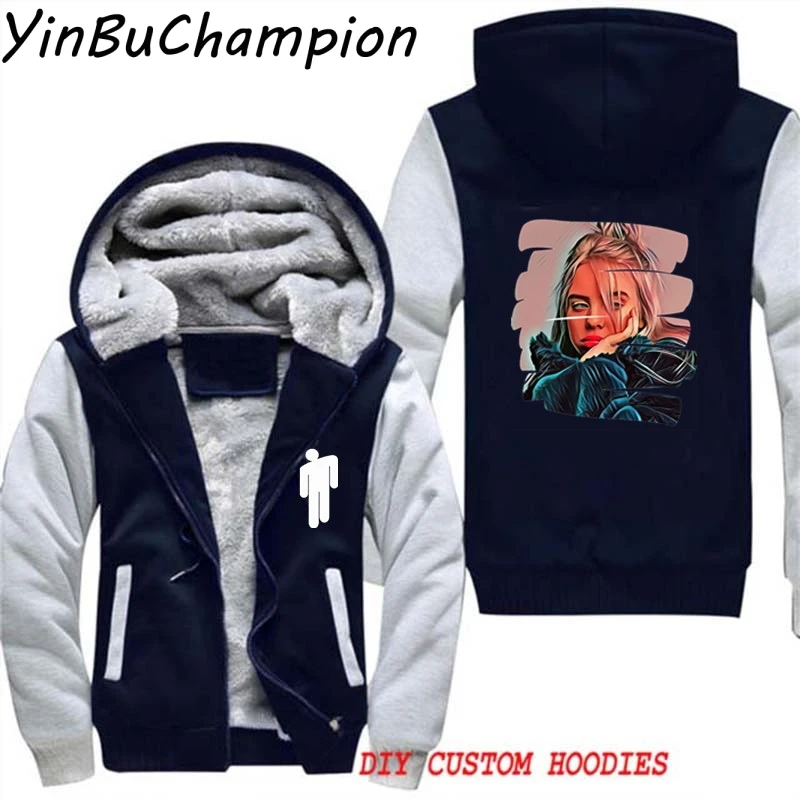 Мужские толстовки, плотные толстовки, Billie Eilish, теплая флисовая спортивная одежда с капюшоном размера плюс, зимняя куртка на молнии, 5XL 4XL