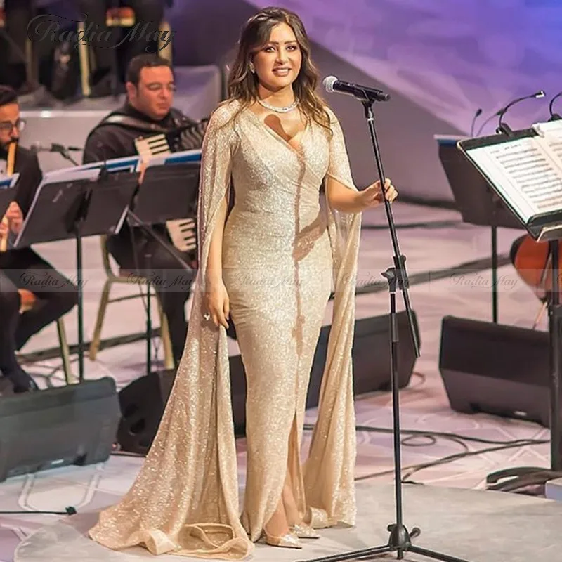Блестящее Золотое арабское вечернее платье с рукавом-накидкой и разрезом, большие размеры, женские вечерние платья, элегантные длинные платья для выпускного вечера в Дубае