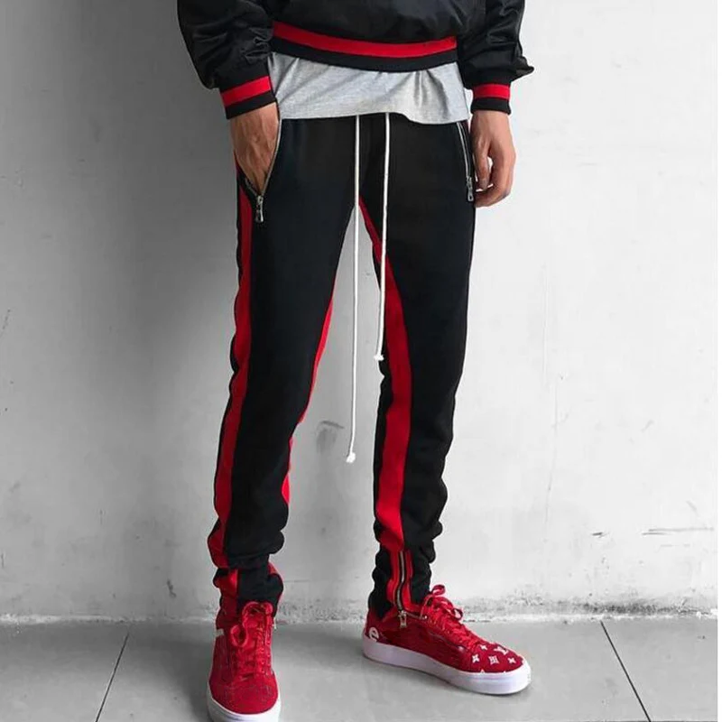 black and red Мужские модные Лоскутные Брюки Контрастного Цвета В Стиле Хип-хоп, мужские свободные спортивные брюки, уличная одежда, прямые брюки, слаксы - Цвет: black and red
