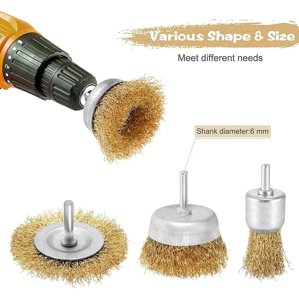 6mmx75mm Brass Plated T Shaped Crimped Wire Wheel Brush Polishing Tool 6pcs 