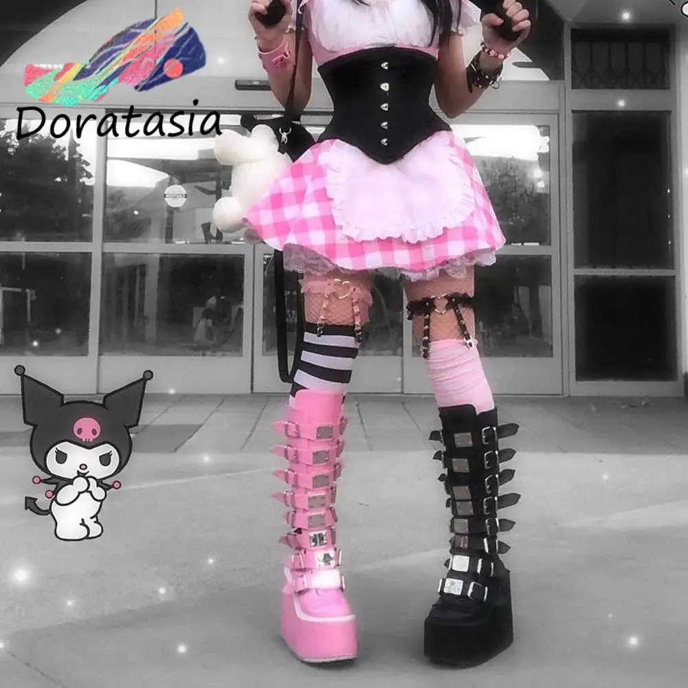 DORATASIA INS-Botas de moto con hebilla rosa para mujer, cuñas de media  pantorrilla con cremallera, zapatos góticos Punk, gran oferta - AliExpress  Calzado