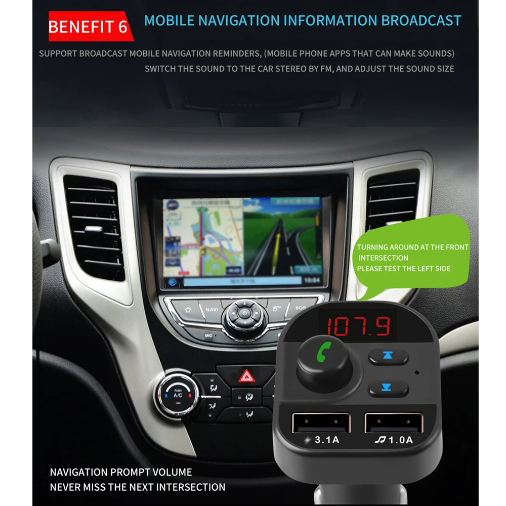 Автомобильный Bluetooth 5,1 mp3-плеер, автомобильный комплект громкой связи, fm-передатчик, поддержка TF карты, u-диск, воспроизведение музыки, двойное зарядное устройство USB, адаптер питания