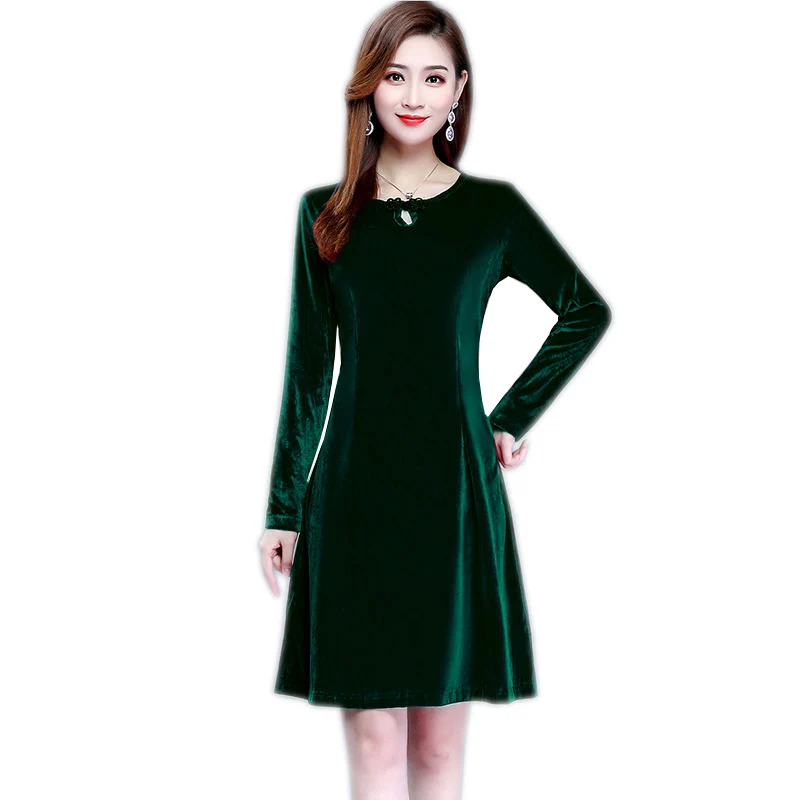 Mother's gold velvet medium length long sleeve dress new middle-aged women's large size spring autumn one piece OK171 | Женская