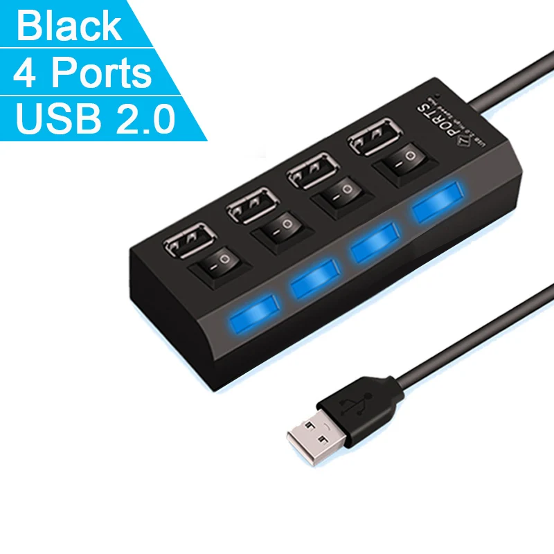 Usb-хаб 2,0 Супер скорость 480 Мбит/с 4/7 порты Портативный Micro USB 2,0 HAB сплиттер со светодиодный лампой для ноутбуков ПК планшет USB 2,0 концентратор - Цвет: 4 Ports Black