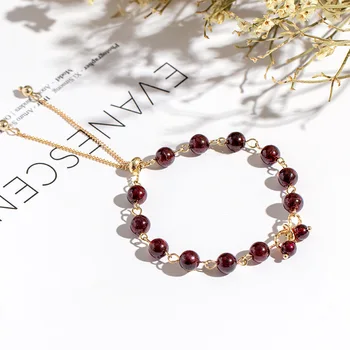 

[Rebecca] Natural Wine Red Garnet Bracelets Women's Gold Plated Copper Non-mainstream Design Korean-style Bracelets Do Not Fade